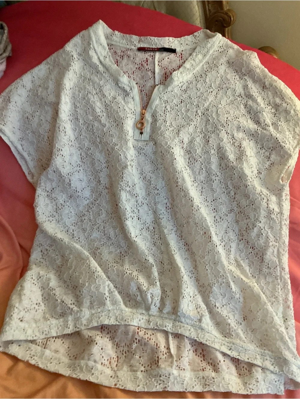 White Lace Eyelet V-Neck Short Sleeve Cover Up Top - T3 or US 8/10